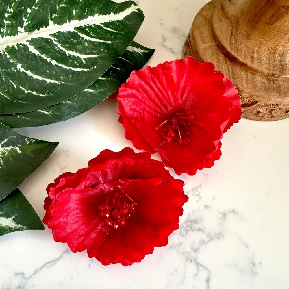 2/$30🌵 Large Red Camellia Flower Earrings Garden Statement Flamenco Gift NEW